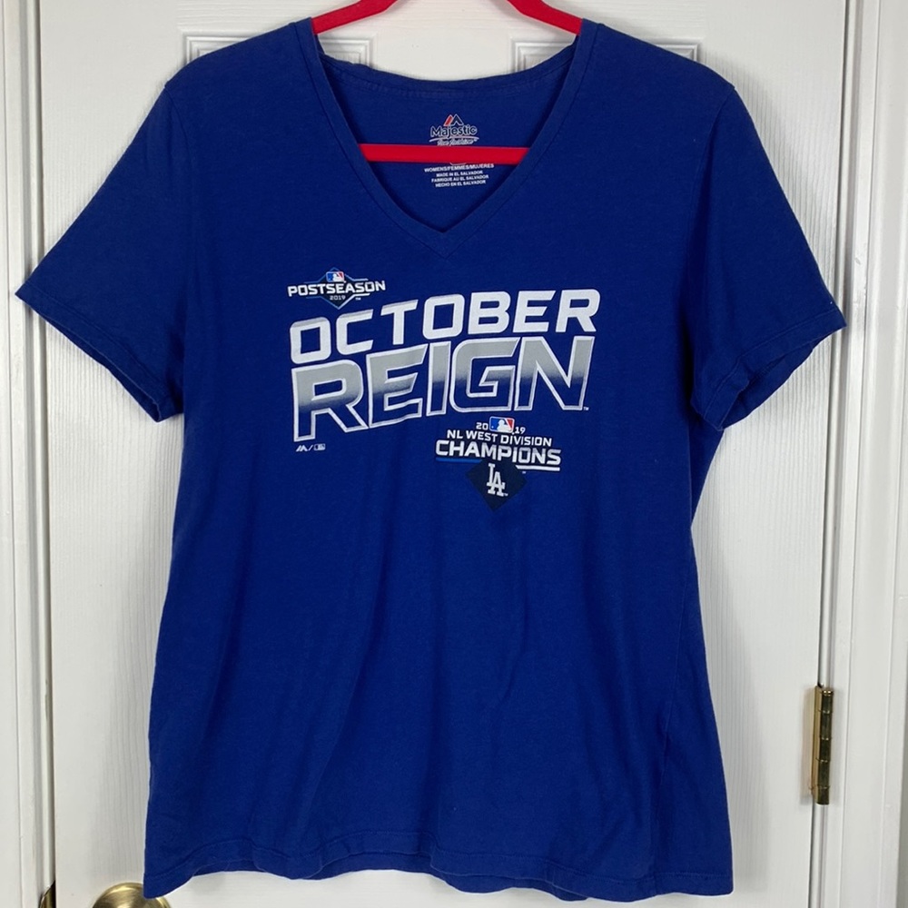 Majestic fan fashion 2019 blue short sleeved post season October Reign shirt Lg